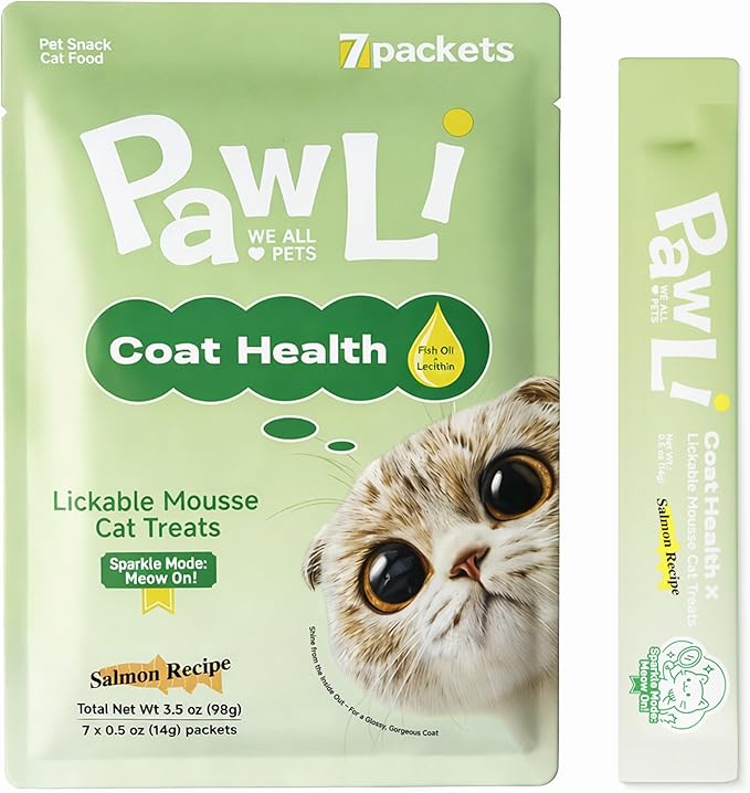 PAWLI Skin & Coat Lickable Cat Treats, Squeeze Cat Treats for Shedding Control & Healthy Fur, Cat Treats for Skin and Coat Support, Grain-Free, 7 Count (3.5 oz Total)