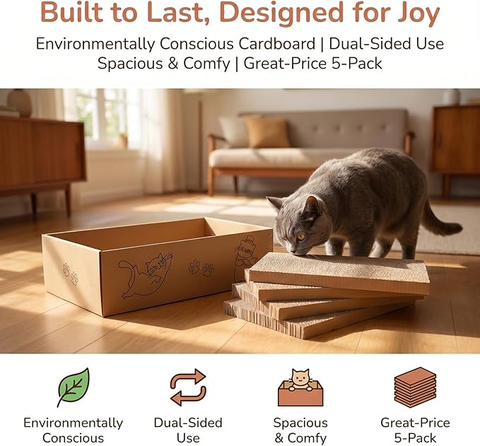 Nicunom 5 Packs in 1 Cat Scratcher with Box, Large Cat Scratching Boards Cardboard Box Reversible Cat Scratch Pads for Indoor Cats, Cat Scratch Cardboard for Rest and Play