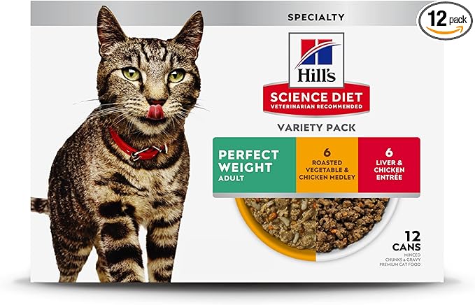 Hill's Science Diet Adult Perfect Weight Wet Cat Food Variety Pack, Vegetable & Chicken and Liver & Chicken, 2.9 oz. Cans, 12-Pack