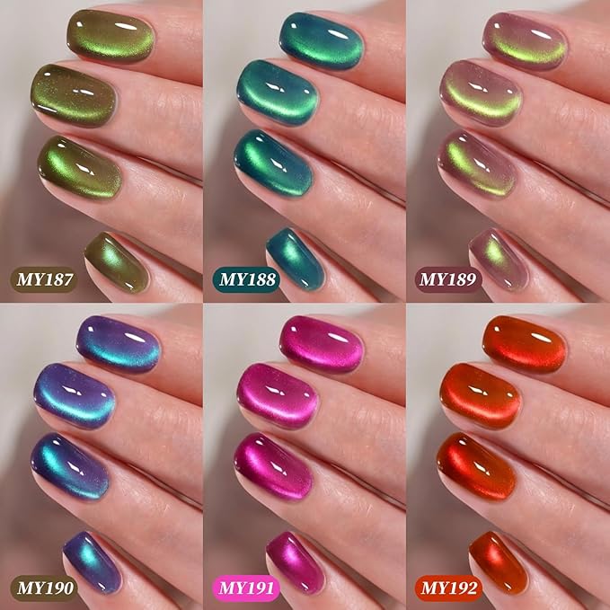 Born Pretty 15ML Spring Summer Cat Magnetic Eye Gel Nail Polish Set, 6 Colors Green Sea Blue Purple Bright Pink Burgundy Glitter Auroras Magnetic Gel Polish Jellyfish Effect 0.5 Fl.Oz