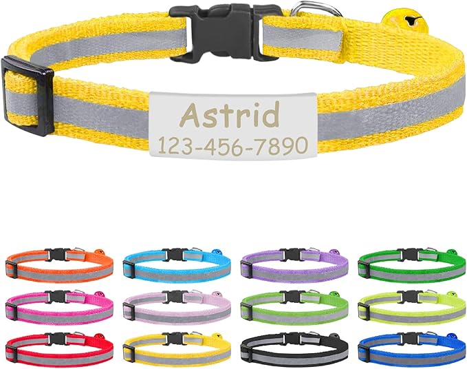 CAMAL Cat Collar with Name Tag, Reflective Cat Collar Breakaway for Kitten Puppy, Personalized Cat Collar, Adjustable 7.5"-12.5" (Yellow)