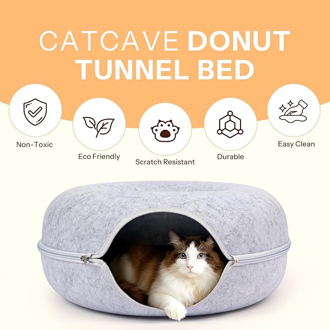 Peekaboo Cat Cave Bed for Indoor Cats, Scratch-Resistant Cat Donut Tunnel for Multiple & Large Cats, Detachable Round Cat Hideaway for Playing, Sleeping and Hiding