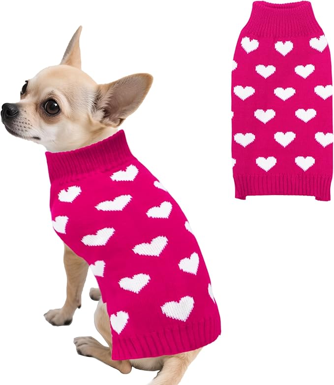 Valentines Dog Sweater, Knit Pet Small Dog Sweater Holiday Valentine’s Day Outfit Clothes for Small Medium Large Dogs Pets (Rose Red, Small)