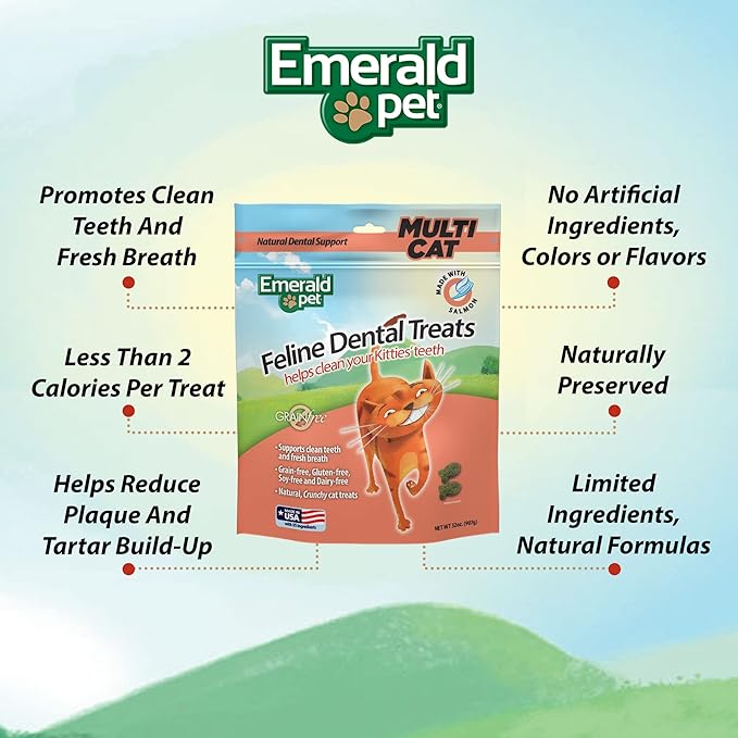 Emerald Pet Grain Free Cat Dental Treats – Crunchy Salmon Cat Treats to Clean Teeth, Reduce Plaque & Tartar, and Freshen Breath – Natural Feline Dental Care, 32 oz