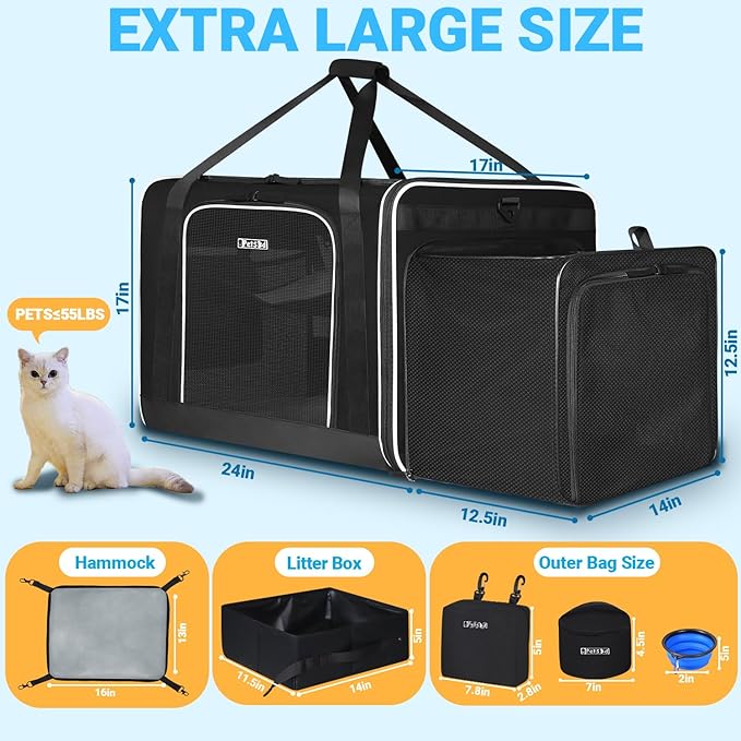Petskd Side Expandable Extra Large Cat Carrier with Wheels and Litter Box, 24"x17"x17" Soft-Sided Pet Carrier for 2 Cats Under 55 lbs with Zipper Locks for Car Travel (Black)