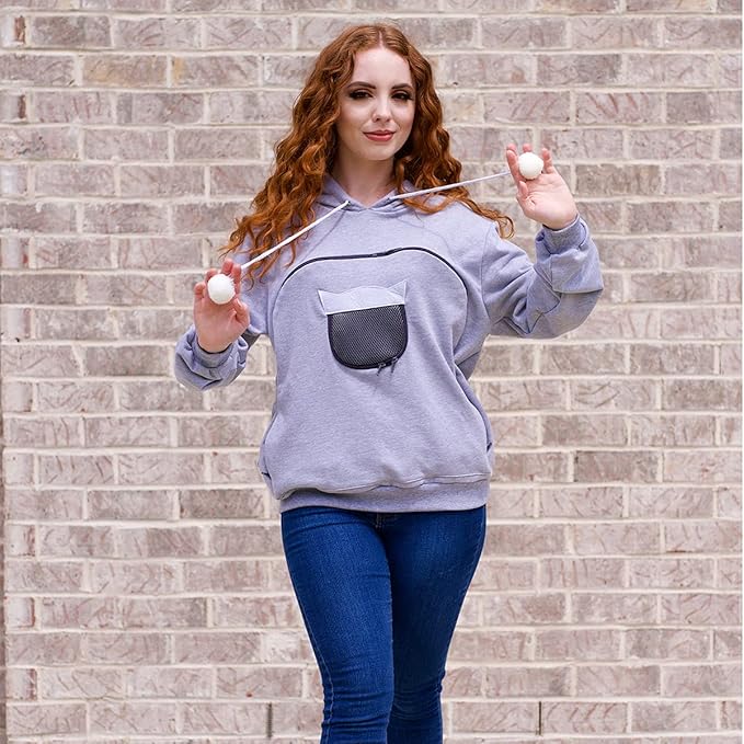 ALYC Unisex Hoodies Pet Holder Cat Dog Large Pouch Carriers Pullover with Cat Printing Sweatshirt (Light Grey-XL)