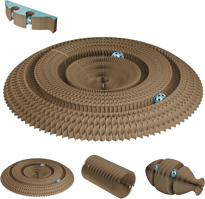 Kitty Curls Magic Organ Cat Scratching Board with 2 Bell Ball,Foldable Accordion Kitty Cat Scratcher,Corrugated Cardboard Scratching Pad,Blue Big Fish