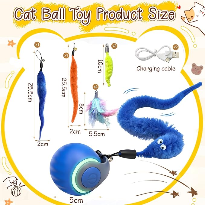 2PCS Interactive Cat Toys Ball,Newly Upgraded Speedy Tail Cat Toy with USB Charging,Automatic Smart Interactive Cat Toys for Indoor Cats with 6 Tails-Blue&Red