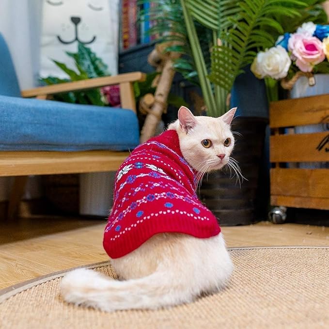 BINGPET Cat Clothes Turtleneck Knitted Sleeveless Cat Sweater,Cute Cat Outfit Soft Turtleneck Knitted Kitten Puppy Apparel with Snow Pattern,Sphynx Cat Clothes for Cold Weather