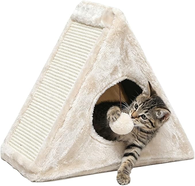 Cat Bed, 18"x10"x15.5" Creamy White Foldable Cat Beds for Indoor Cats, Cat House with Scratcher Board for Small Cats and Kittens