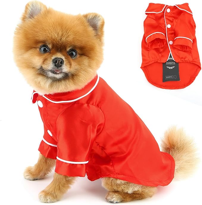 PAIDEFUL Soft Faux Silk Sleepwear for Small Dogs Cats Lapel Doggie Loungewear Lightweight Breathable Puppy Pajamas PJS Two-Legged Pet Shirt Clothes Summer Spring Chihuahua Apparel Button Up,Red,XS