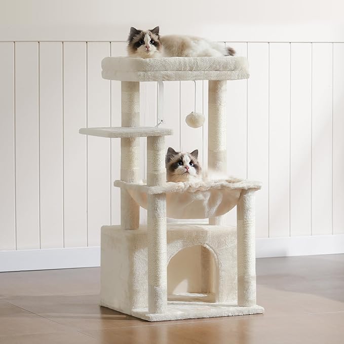 Heybly Cat Tree, Kitten Tower with Large Soft Cat Basket,Cat Condo with Spacious Cat Bed Cave with Hidden Space，Sisal-Covered Scratching Posts,Dangling Ball for Indoor Cats, Beige HCT008SM