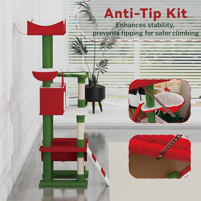 STILLCOVE 63" Large Christmas Cat Tree Tower Indoor: Tall Modern Cute Heavy Duty Cat Condo House with Scratching Post & Hammock for Maine Coon