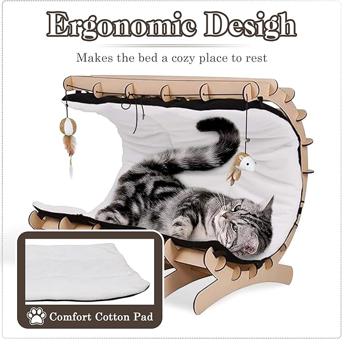 Upgraded Wooden Cat Bed with Plush Cushion – Semi-Cylinder Raised Cat Hammock Bed for Indoor Cats, Washable Pet Bed Support for Kittens, Large & Small Cats – Durable Cat Furniture & Cozy Cat Beds
