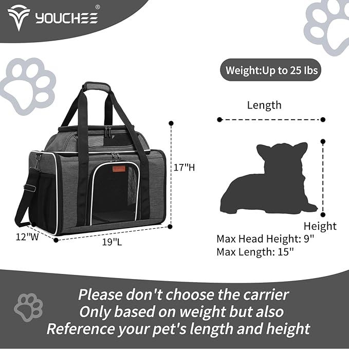 19" Large Pet Carrier for Cats & Small Dogs up to 25 lbs, Airline Approved Soft-Sided Dog Travel Bag, Top Expandable with Breathable Mesh, Washable Liner & Safety Tether. (Grey)