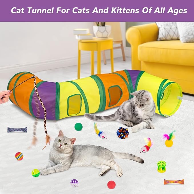 Retro Shaw Cat Toys Pack 33Pcs, Interactive Kitten Toys for Indoor Kittens Cats, Collapsible Kitty Play Tunnel Tent Feather Wand Balls Bell Springs Mouse Kitty Toys for All Breeds (2 Tunnel)