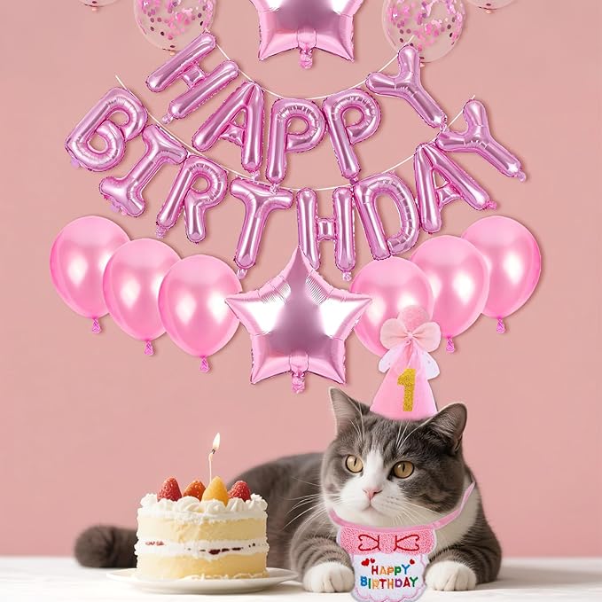 Birthday Hat for Cat with Bandana, Cute Kitten Outfit and Celebration Accessories, Cat Birthday Party Supplies (Pink)
