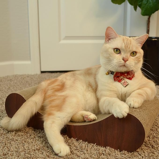 Necoichi Cardboard Cat Scratcher Bed for Indoor Cats - Cat Scratching Board, Horizontal Cat Scratch Pad Lounger with Reversible Usability and Extra Comfort for Lounge, Curved (Regular, Dark Cherry)