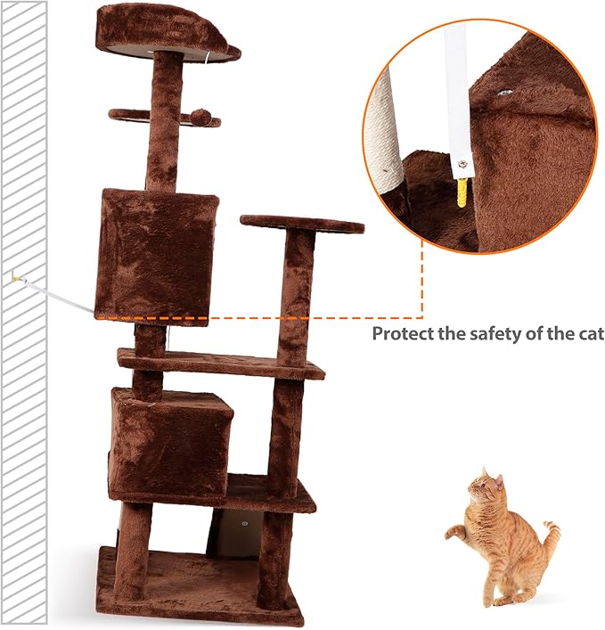52” Multi-Level Cat Tree Condo Furniture Kitten Activity Play House Bed Pet Kitty Climbing Tower with Scratching Posts/Plush Perch/Scratcher Ladder/Tunnel for Cats,Kittens,Pets (Brown)