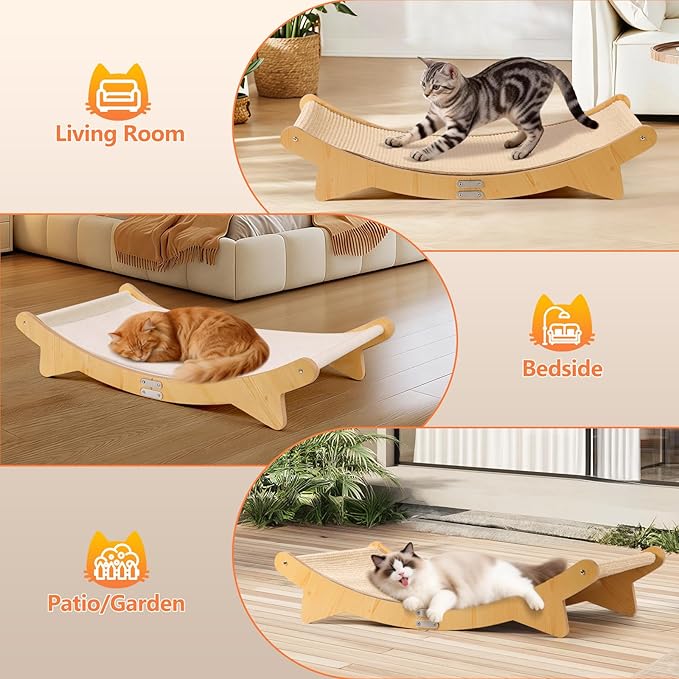Cat Scratcher Bed, Sisal Cat Bed Hammock with Sisal Pad and Cloth Pad for Indoor Cats Wooden Cats Furniture for Scratching and Resting