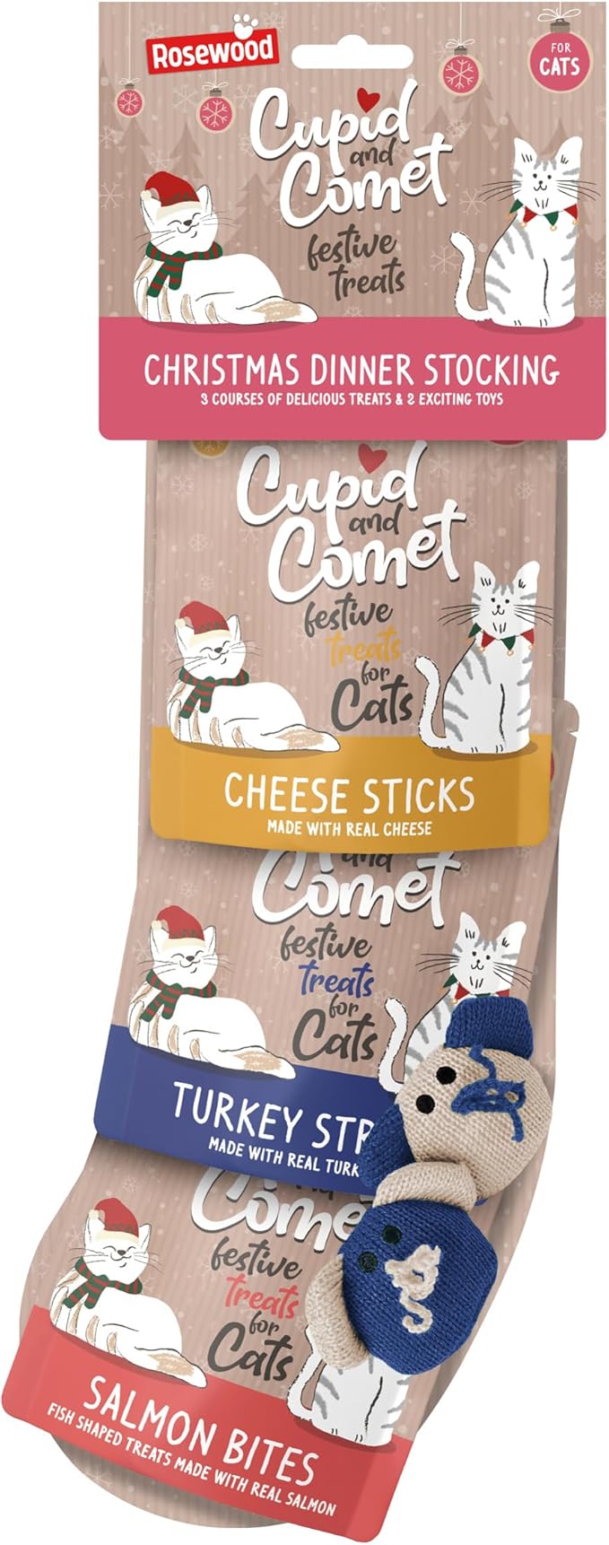Rosewood Cupid and Comet Christmas Dinner Cat Stocking, Including: 1 x 40g Cheese Stick, 1 x 40g Turkey Strip, 1 x 40g Salmon bite cat Treats, 2 x Catnip Mouse cat Toys.