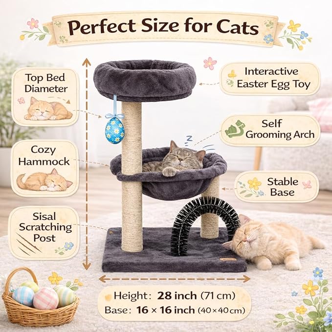 27.8" Small Cat Tree with Easter Eggs,Multi-Level Cute Cat Tree with Scratching Post| Plush Hammock| Perch| Random 3 Pcs Easter Eggs| Groomer Brush for Kittens Play & Rest