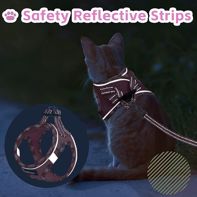 Cat Harness and Leash Set for Walking, Escape Proof Adjustable Soft Mesh Kitten Harness with Reflective Strips, Breathable No-Choke Pet Vest for Medium Cats or Small Dogs(Pink,M)