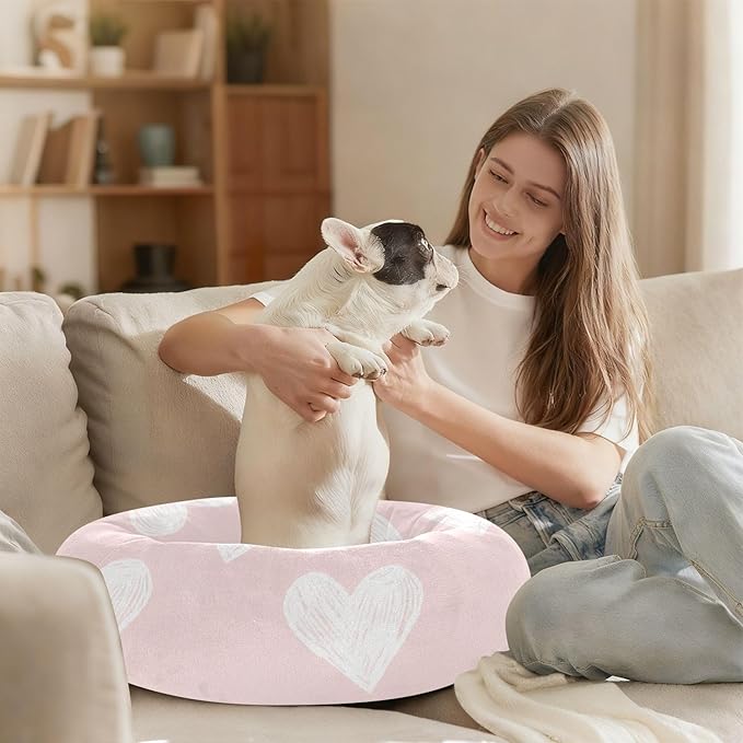 Valentine's Day Pink Heart Donut Pet Bed, Fluffy Cat Bed for Cats for Medium Sized Pets, Dog Supplies and Furniture