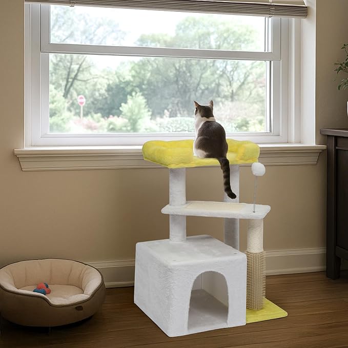 Cute Cat Tree,Cat Tree Tower for Indoor Cats,Adult Cat Tower with Scratching Post & Cat Condo,Sisal Scratching Posts,Padded Top Bed for Kittens,Cat Furniture Activity Center House (Yellow)