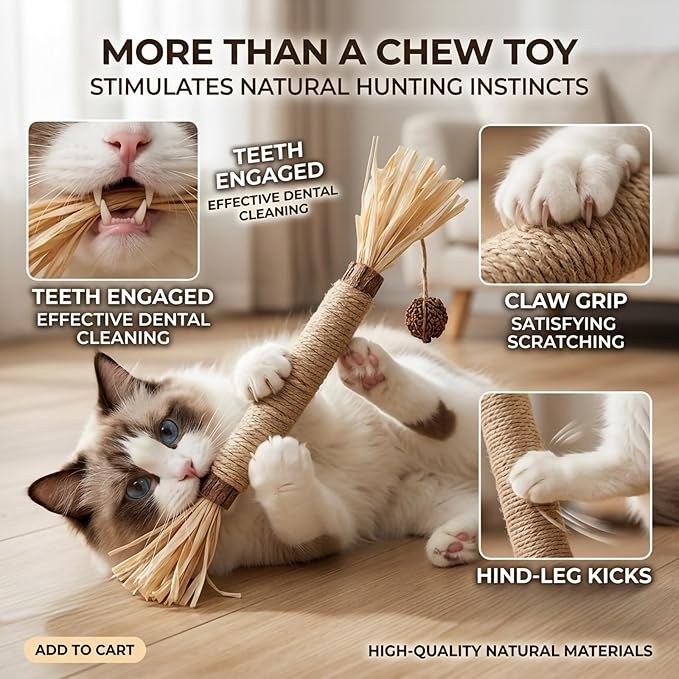 7 Pack Silvervine Sticks for Cats, Natural Kitten Grass Cat Dental Chew Toys for Teeth Cleaning, Catnip Teething Treat for Indoor Kittens, Interactive Wood Kicker for Aggressive Chewers