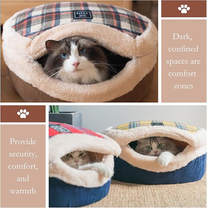 Cat Cave Bed – Plush, Warm & Calming Hideaway with Detachable Lid & Mat, Covered House for Indoor Kitten & Kitty (Snow)