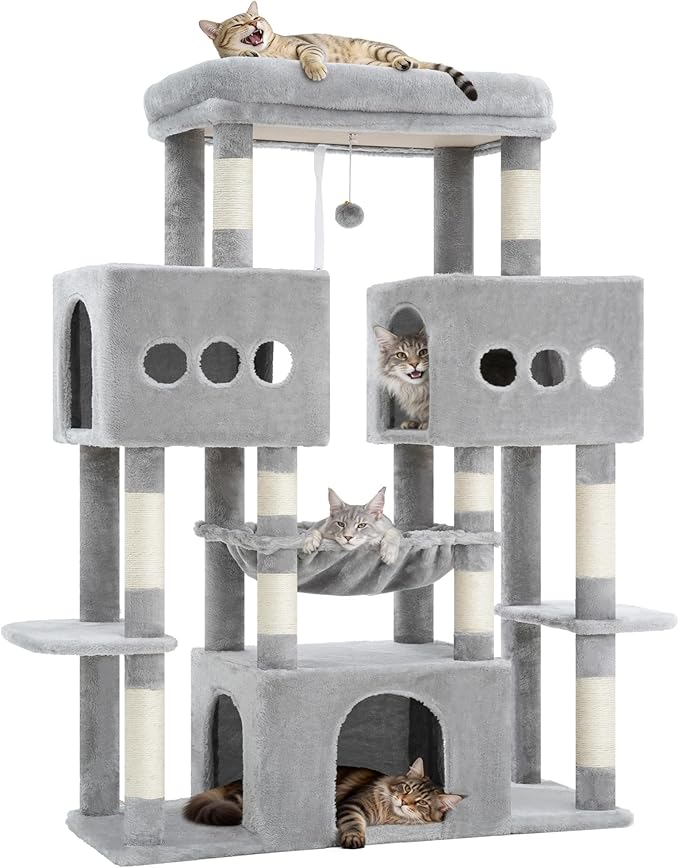 Hey-brother Cat Tree Tower, Large Sisal Scratching Posts with Big Platform, 3 Spacious Condos, Plush Hammock, Toy, 57.5 Inches Multi-Level Furniture for Indoor Adults Maine Coon, Light Gray MPJ083W