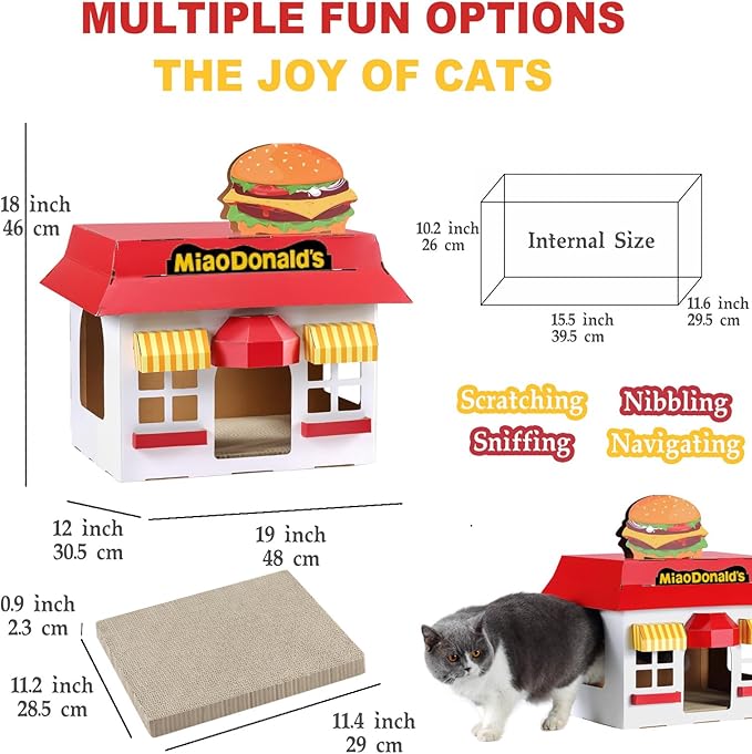 Cardboard Cat House with Scratcher – Burger Fast-Food Style, 19''L x12''W x18''H, Indoor Cat Playhouse & Hideout, Corrugated Cat Scratch Toy for Cats up to 22 lbs, Small Pets, Cute Home Decor Gift