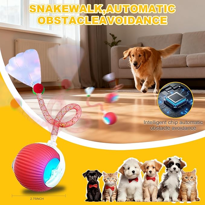 Interactive Cat Toys Ball for Indoor Cats＆Dogs,Automatic Cat Toy 360° Auto-Rotation Smart Obstacle Avoidance,Includes 4 Cat Spiral Spring,Cat Enrichment Toys for Indoor Cats (RedYellow)