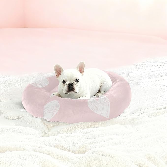 Valentine's Day Pink Heart Donut Pet Bed, Fluffy Cat Bed for Cats for Medium Sized Pets, Dog Supplies and Furniture