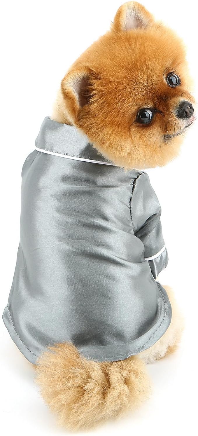 PAIDEFUL Soft Faux Silk Sleepwear for Small Dogs Cats Lapel Doggie Loungewear Lightweight Breathable Puppy Pajamas PJS Two-Legged Pet Shirt Clothes Summer Spring Chihuahua Apparel Button Up,Gray,3XL