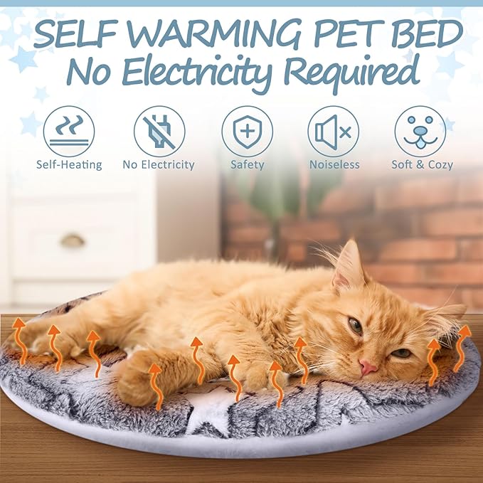 VitalCozy 2 Pack Self Heating Cat Pad Self Heating Cat Bed Machine Washable Heat Pet Mat Reversible Body Thermal Warm Round Dog Bed Crate Blanket for Feral and Indoor Cats(16'',Double Star)