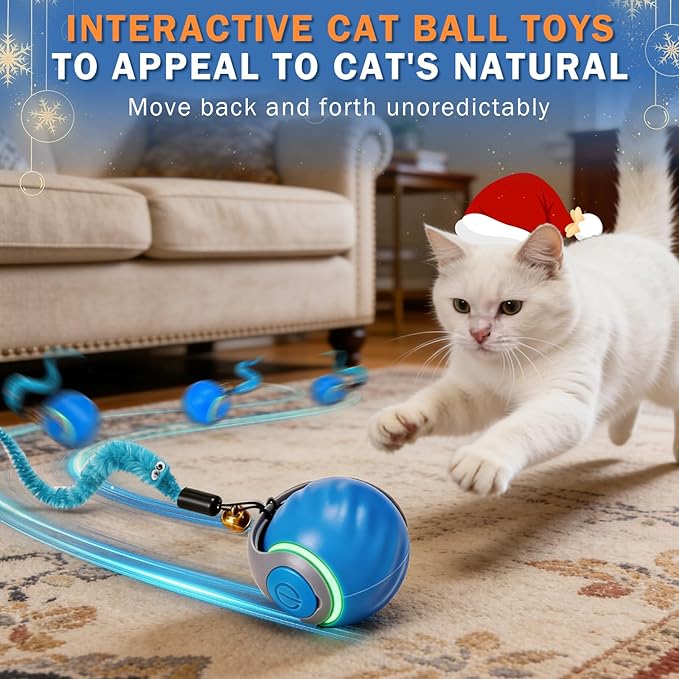 Smart Cat Toy Ball, Automatic Rolling Interactive Cat Toys for Indoor Cats, Motion Activated 2 Speeds Rechargeable Cat Enrichment Toy with 2 Tails, Perfect for Kittens & Adult Cats - Blue