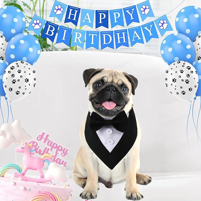 Formal Dog Tuxedo, Wedding Pet Bandana Birthday Dog Tux Costume Puppy Outfit Adjustable Collar with Bowtie, Dog Clothes for Small Medium Dogs Cats, Dog Wedding Attire Party Clothing Apparel (Small)