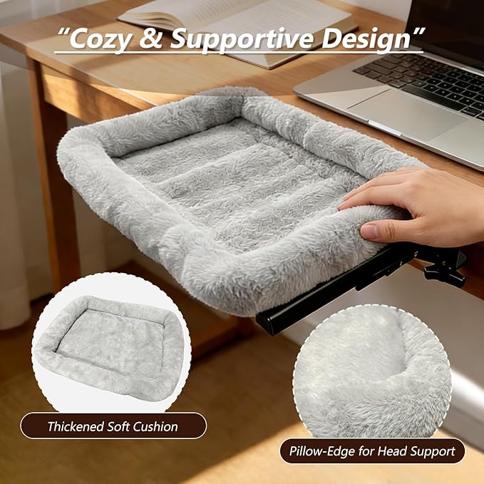 Cat Desk Bed for Home Office Worker Faux Rabbit Cushion Desk-Mounted Hammock Perch Foldable Desktop Space-Saving Clamp Mount Supports Indoor Cats Durable Removable Cover - Gray 21x17in