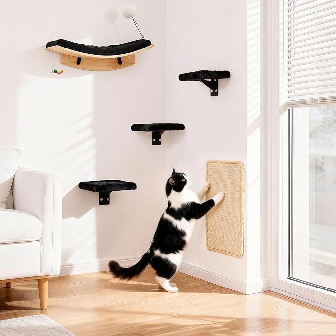 Cat Wall Shelves, 5 in 1 Cat Furniture Set with Soft Curved Pad，Modern Space-Saving Wall Mounted Shelves for Play & Rest