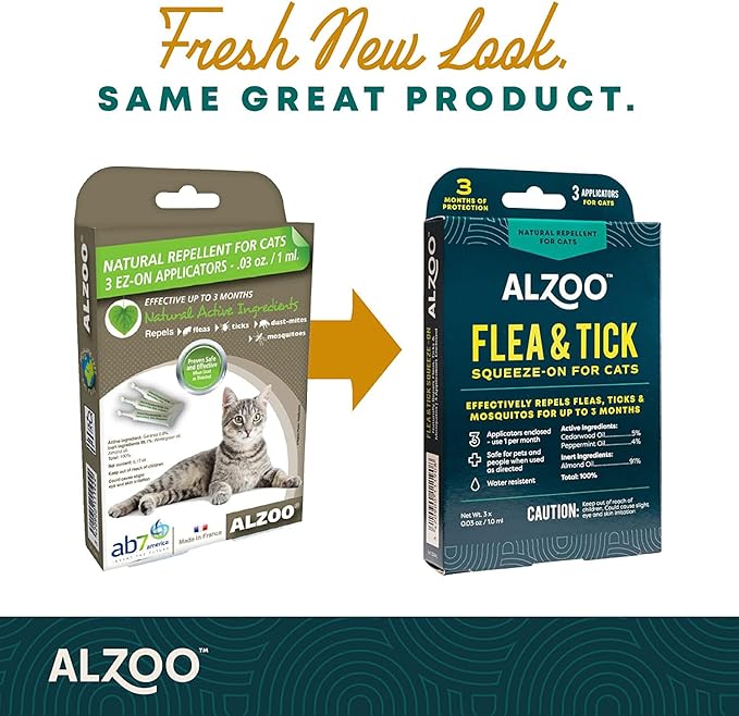 ALZOO Plant Based Flea & Tick Squeeze-On for Cats, Helps Repel Fleas, Ticks & Mosquitos, Up to 3-Months Protection, Plant-Based Active Ingredients, Water-Resistant, 3 EZ-On Applicators Per Pack