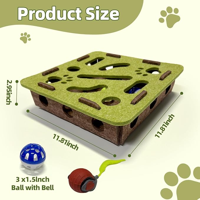 Interactive Soft Felt Cat Puzzle Toy with Ball and Bell，Cat Toy Box for Indoor Cats and Kittens，Indoor Hunting Play Toy to Stimulate Your Cat’s Energy and Instincts (Green+Orange Power Ball)