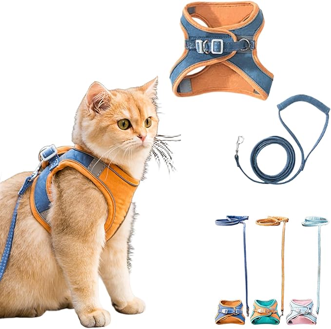 Cat Harness and Leash Set, Cat Leash and Harness Set with Reflective Strips, Escape Proof Adjustable Cat Harness, for Small Medium Large Pet Puppy Kitten Rabbit (Blue Orange, M)