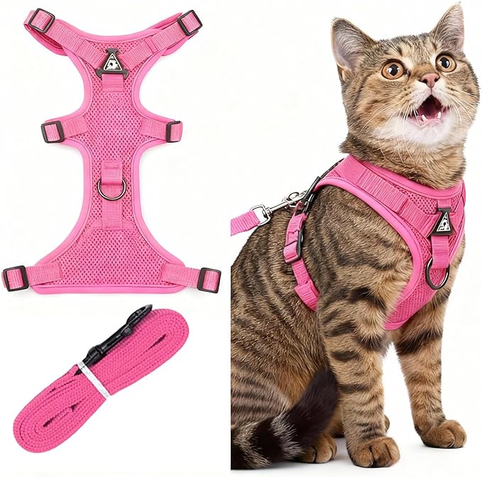 Cat Chest Harness and Leash Set for Walking Escape Proof, Soft Adjustable Vest Harnesses for Cats, Kitten Jacket with Reflective Strip, Easy to Put on with 3 Buckles for Traveling (Pink, L)