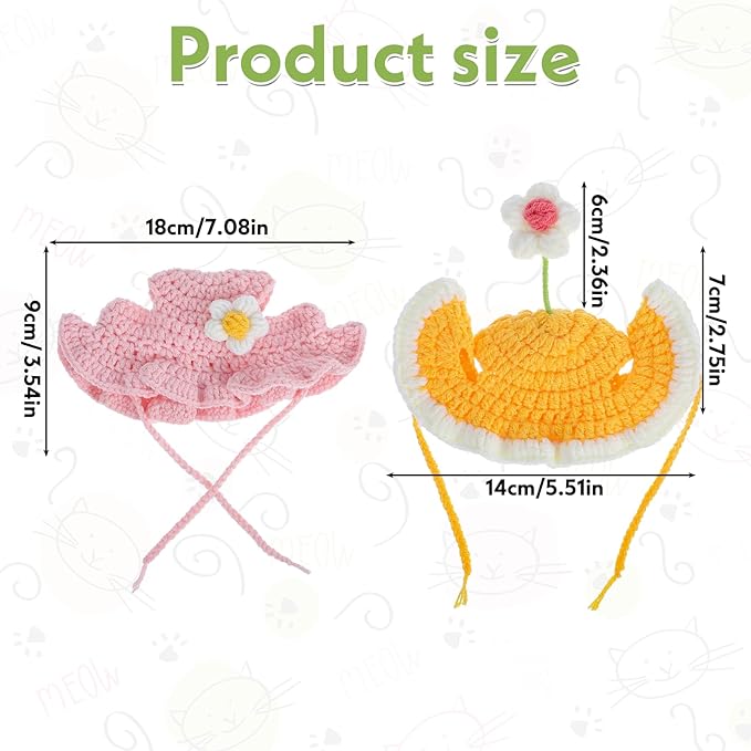 2pcs Cute Flower Cat Hat, Cotton & Soft Cute Knitted Hats for Cats, Halloween Christmas Holiday Party Clothes Birthday Party Puppy Hat for Small Pets, Holiday & Photo Outfit