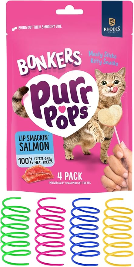 Bundle - Bonkers Purr Pops Lip Smackin' Salmon Freeze-Dried Cat Treats, Pink Package, 4 Count with Colorful Spring Toys