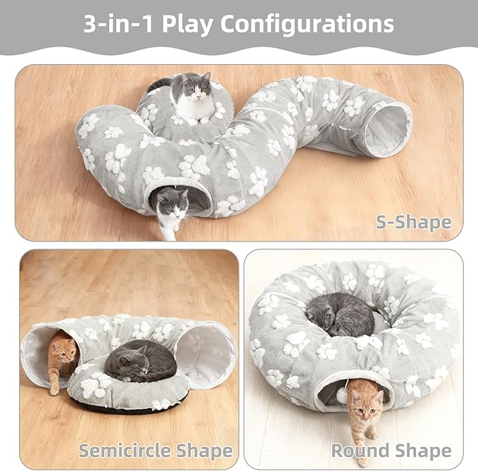 Cat Tunnel Bed for Indoor Cats- Cute Cat Dount Play Tunnel, Soft Plush Peekaboo Kitten Cave with Washable Cushion, Collapsible Multifunctional Round Pet Playground Toys for Kitty Small Puppy Rabbit