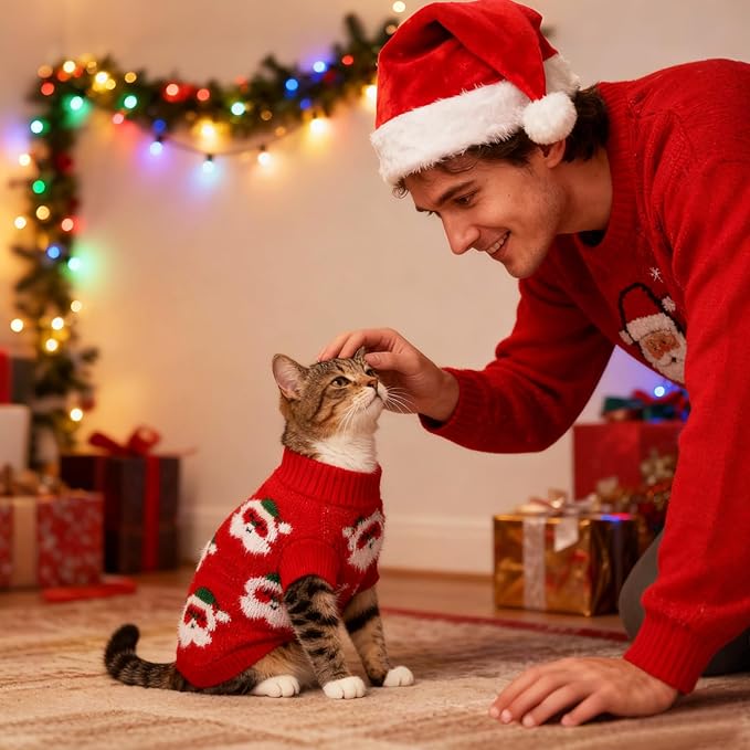 BWOGUE 2 Packs Cat Christmas Sweater Dog Sweaters Pet Cat Winter Knitwear Warm Clothes Pet Santa Claus Merry Christmas Pets Sweaters for Kittys and Small Dogs
