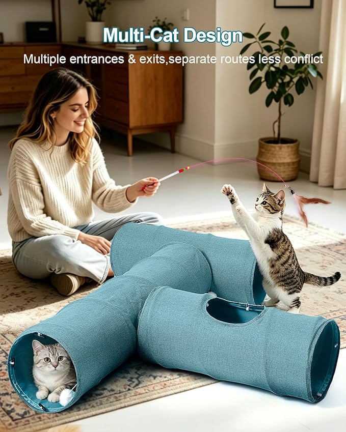 Cat Tunnel, 3 Straight Shaped Tunnels 6 DIY Shapes with Wand Toys, No Noise Scratch Resistant Cool Linen Fabric, Interactive Pet Tunnel Tube for Indoor Cats, Puppy and Rabbits